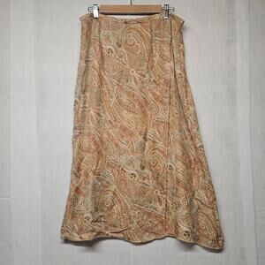 Vintage 90s Talbots Petite Brown Paisley Midi Silk Faux Wrap Skirt - 16P